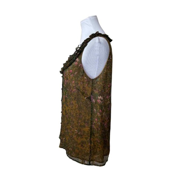 J. Crew Brown Moody Floral Silk Blouse Sleeveless Top Size 10 Ruffle Neck Collar - Picture 3 of 5